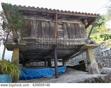 View Of A Wooden Horreo, Typical Rural Construction In Asturias, Spain. Europe. Horizontal Photograp