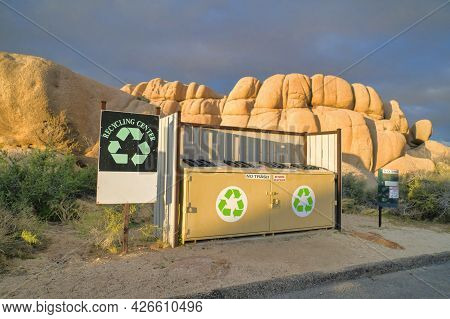 Recycling Center With Trash Bins For Reusable Waste At Joshua Tree National Park