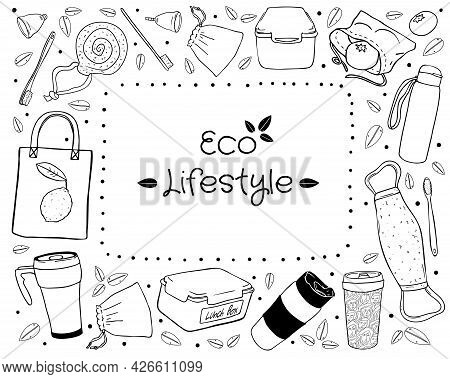 Black Outline Set Of Eco-friendly Objects Isolated In White Background.