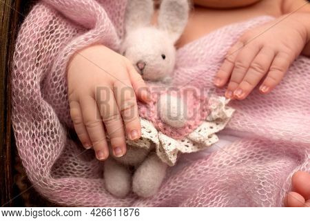Newborn Baby In A Pink Plaid. Tiny Hands, Fingers. Bunny Toy.