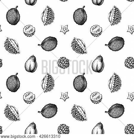 Seamless Pattern With Black And White Papaya, Starfruit, Durian, Jackfruit, Sugar-apple, Soursop Sto