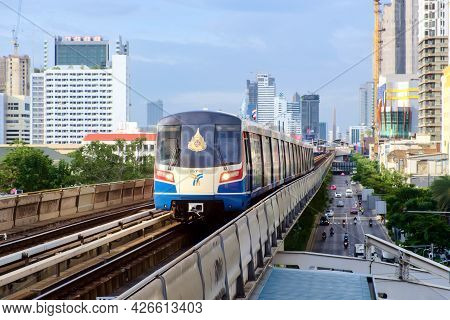 Bangkok-thailand Aug 19 2019: Bts Sky Train On Cityscape Background In Daytime , Sky Train Is A Mass