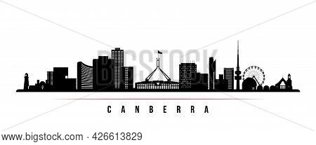 Canberra Skyline Horizontal Banner. Black And White Silhouette Of Canberra, Australia. Vector Templa