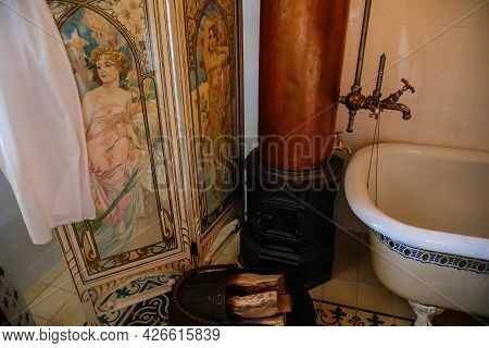Velke Brezno, Czech Republic, 26 June 2021: Chateau Velke Brezno, Castle Interior, Bathroom With Cer