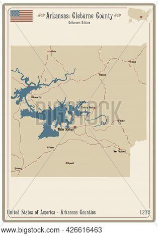 Map On An Old Playing Card Of Cleburne County In Arkansas, Usa.