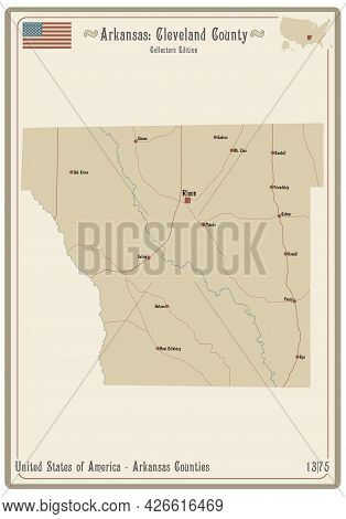 Map On An Old Playing Card Of Cleveland County In Arkansas, Usa.