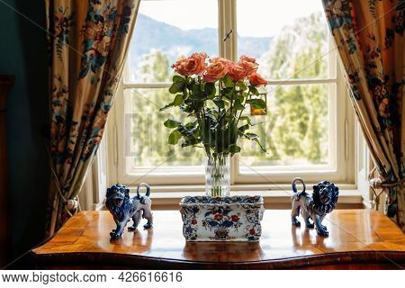 Velke Brezno, Czech Republic, 26 June 2021: Chateau Velke Brezno, Castle Interior, Figurines Of Lion