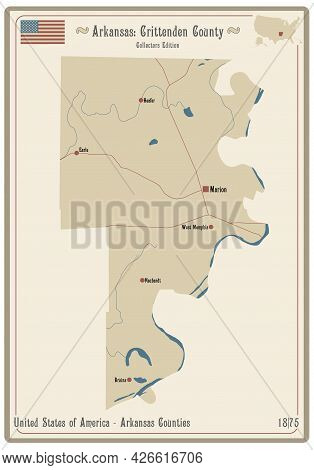 Map On An Old Playing Card Of Crittenden County In Arkansas, Usa.