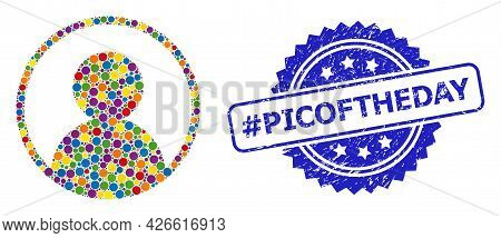 Multicolored Collage User Portrait, And Hashtag Picoftheday Dirty Rosette Stamp Seal. Blue Stamp Sea