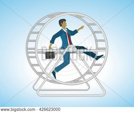 Man Running In Squirrelweel, In Some Countries Called Hamster Wheel. Vector Illustration. Eps10.