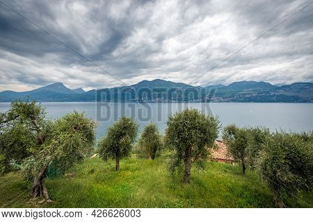 Lago Di Garda. Elevated View Of The Lake Garda With The Lombardy And Veneto Coastline, From The Smal