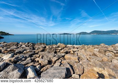 Seascape In The Gulf Of La Spezia View From Lerici Town, On The Horizon Portovenere Or Porto Venere 