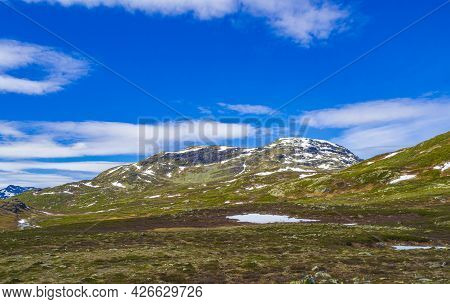 Amazing Vavatn Lake Panorama Rough Landscape Boulders Mountains Hemsedal Norway.