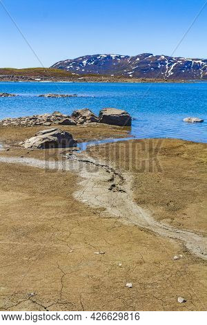 Amazing Vavatn Lake Panorama Rough Landscape Boulders Mountains Hemsedal Norway.