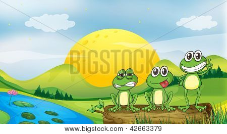 Illustration des trois grenouilles au bord de l'eau