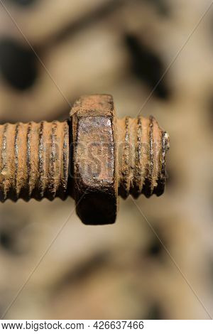 Old Rusty Bolt, Iron Rod With Screw Threads. Rusted Mechanical Components. Threaded Bolt And Nut Iso