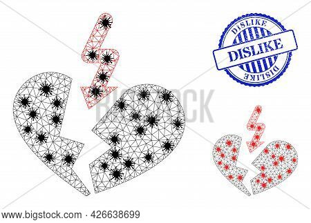 Mesh Polygonal Breakup Heart Icons Illustration In Lockdown Style, And Textured Blue Round Dislike S