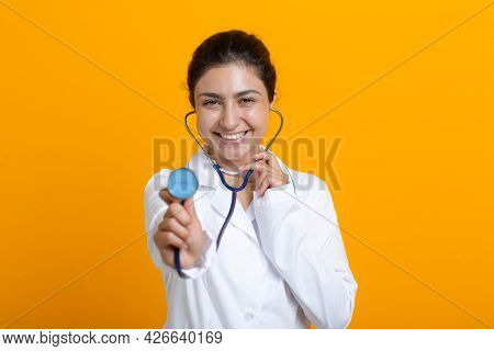 Portrait Of Indian Doctor Woman In White Medical Gown Hear Heart Rythm With Stethoscope Isolated On 