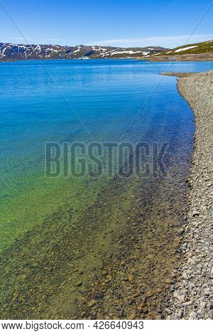 Amazing Vavatn Lake Panorama Rough Landscape Boulders Mountains Hemsedal Norway.