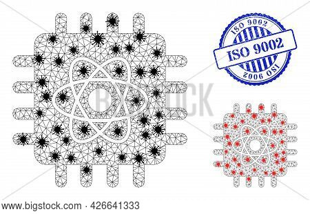 Mesh Polygonal Quantum Computing Icons Illustration With Infection Style, And Grunge Blue Round Iso 