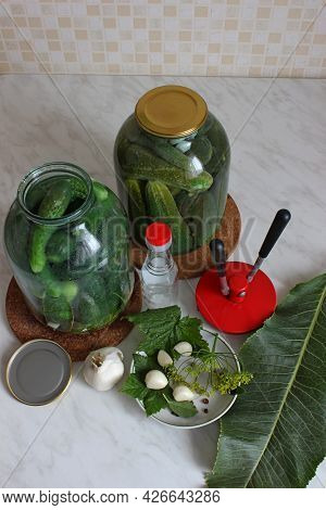 Preparation Of Cucumbers And Rolling In Jars