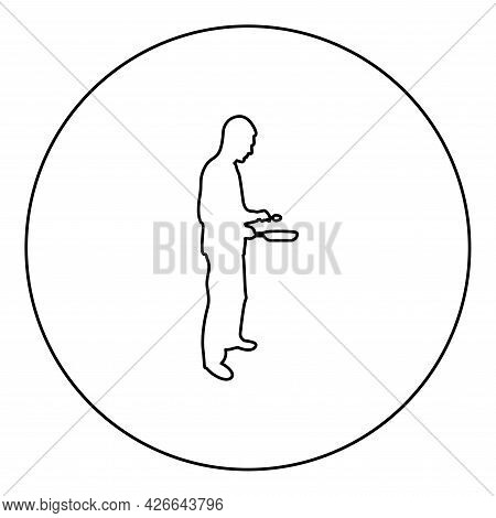 Man Holds Frying Pan Spoon Chef Holding Kitchen Utensil Professional Using Kitchen Staff Concept Dom