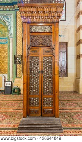 Old Aged Wooden Door Of Minbar Of Imam Al Shafii Mosque With Arabesque Decorations Tongue And Groove