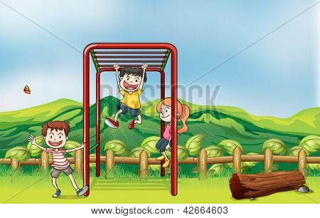 Illustrazione dei bambini giocando monkey bar e un legno secco