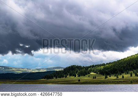 Lake Uzunkel Is Surrounded By Mountains And The Siberian Taiga. Ulagansky District, Altai Republic, 