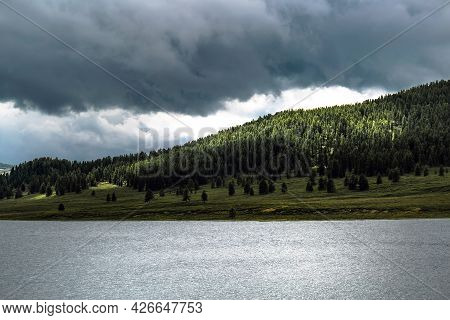 Lake Uzunkel Is Surrounded By Mountains And The Siberian Taiga. Ulagansky District, Altai Republic, 