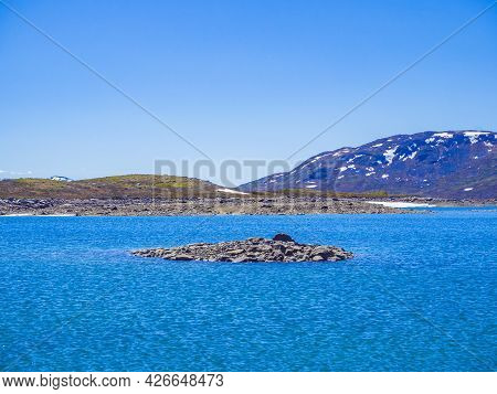 Amazing Vavatn Lake Panorama Rough Landscape Boulders Mountains Hemsedal Norway.
