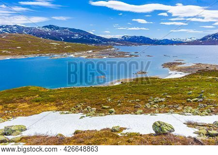 Amazing Vavatn Lake Panorama Rough Landscape Boulders Mountains Hemsedal Norway.