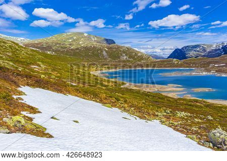 Amazing Vavatn Lake Panorama Rough Landscape Boulders Mountains Hemsedal Norway.