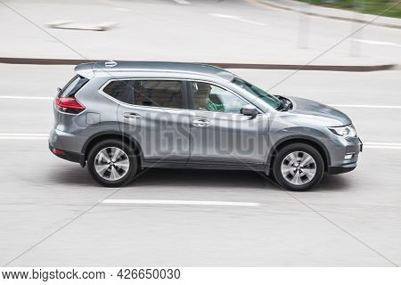 Moscow, Russia - May 2021: Gray Nissan X-trail Suv Driving In Moscow City. This Is First Compact Cro