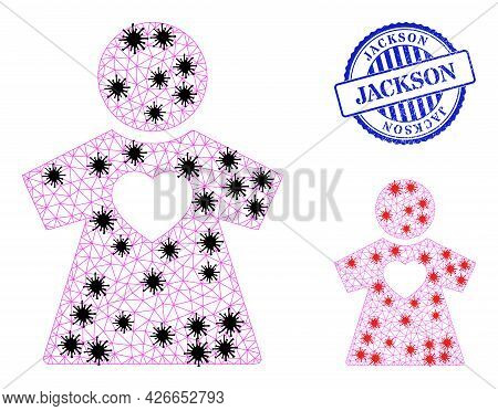 Mesh Polygonal Girlfriend Icons Illustration In Infection Style, And Grunge Blue Round Jackson Stamp