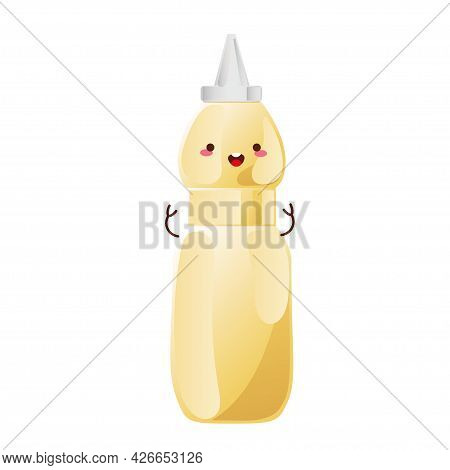 Mayonnaise Cute Character In Glass Bottle. Jar With White Sauce. Condiment Container In Cartoon Styl