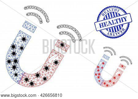 Mesh Polygonal Magnet Field Icons Illustration With Infection Style, And Textured Blue Round Healthy