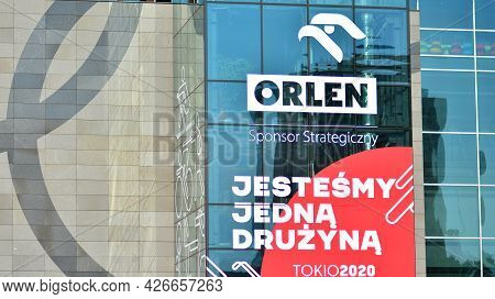 Warsaw, Poland. 13 July 2021. Sign Orlen Sponsor Strategiczny Tokio2020