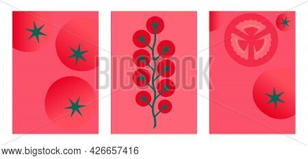 Tomatoes Cherry. Minimal Style Red Tomato Posters. Abstract Geometric Vegetables On Red Background. 