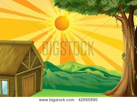 Abbildung auf einer Nipa-Hütte und den Sonnenuntergang