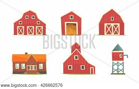 Farm Building And Construction With Timbered Red Barn And Water Tower Vector Set
