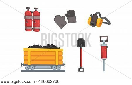Coal And Ore Mining Industry With Rail Trolley And Shovel Vector Set
