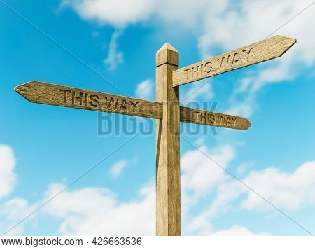 3d rendering of wooden three-directional sign post with the thext This Way against the sky