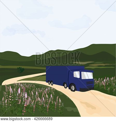 Cargo Truck With Container Vector Stock Illustration. Semi-truck With Cargo Trailer.  A Summer Card 