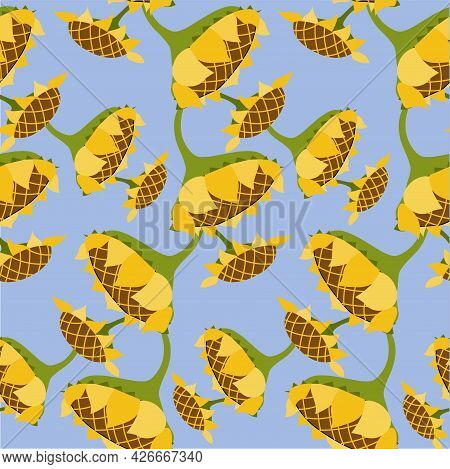 Sunflowers Seamless Pattern Art Design Stock Vector Illustration On Blue Design Element For Web, For