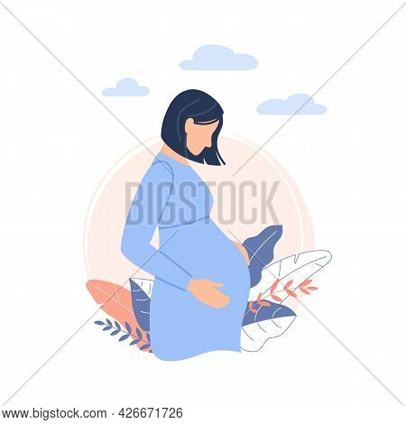 Pregnant Woman. Flat Pregnancy Concept Isolated On White Background. Beautiful Caucasian Expectant T