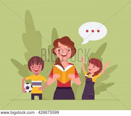 Kindergarten Book Story Reading Aloud, Female Teacher, Children. Preschool Classroom Read-aloud Inte