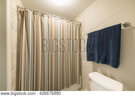 Colorful Closed Shower Curtain In A Windowless Bathroom