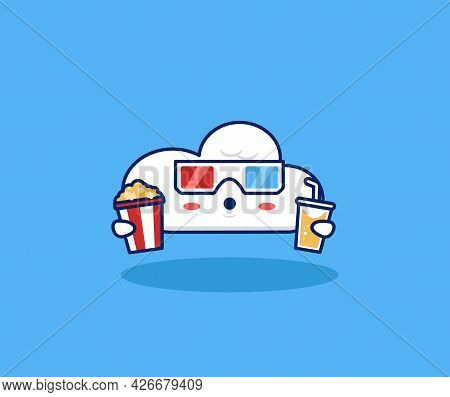 Cute Cloud Movie Lover Watching Movie With 3d Glasses, Popcorn, And Drink In Cinema Illustration. In