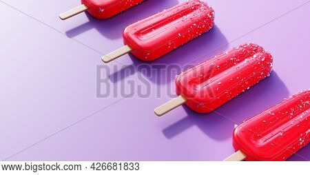 Raspberry popsicles background. Fruity ice pop, ice cream treat 3D illustration